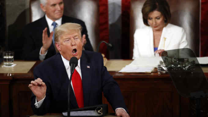 President Donald Trump delivers his State of the Union address to a joint session of Congress on Capitol Hill in Washington, Tuesday, Feb. 4, 2020, as Vice President Mike Pence ad House Speaker Nancy Pelosi of Calif., listen. (AP Photo/Patrick Semansky)