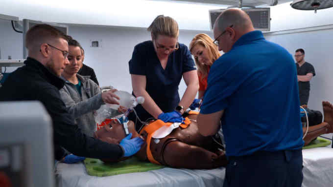 An interprofessional team including emergency medicine residents from USF Health, emergency nurses from Tampa General Hospital, and paramedics from Tampa Fire and Rescue, came together for simulation-based training. CAMLS. (Handout)
