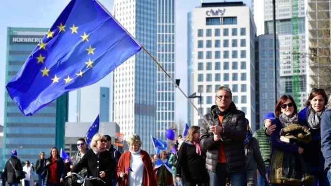 FRANKFURT AM MAIN, GERMANY - MARCH 12: Around 3.500 People attend a pro-EU demonstration of the &quot;Pulse of Europe&quot; movement on March 12, 2017 in Frankfurt, Germany. The movement sprung up in 2016 after the Brexit referendum result and the election of U.S. President Donald Trump as a pro-European voice to counter isolationist, right-wing movements across Europe. The movement is gaining momentum and today organized gatherings in approximately 40 cities throughout Europe. (Photo by Thomas Lohnes/Getty Images)