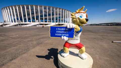 A photo taken on May 21, 2018 shows FIFA World Cup 2018 mascot Zabivaka, placed in front of the Nizhny Novgorod Arena in Nizhny Novgorod. - the stadium will host four group matches, Round of 16 game and a quarter-final football match of the FIFA World Cup 2018. (Photo by Mladen ANTONOV / AFP) (Photo credit should read MLADEN ANTONOV/AFP/Getty Images)