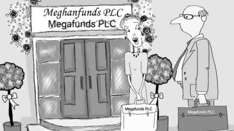 The scene is the City of London.  Two executives, a man and a woman, both carrying briefcases saying Megafunds, are approaching the Megafunds head office. The company name over the main entrance (Megafunds PLC) has been crossed out and instead, just above it, is the name

Meghanfunds PLC  in very decorative writing with bunches of flowers attached to the wall on either side of it.


  Woman saying (sceptically) to the man:  'I see Lancelot, our marketing director, has not abandoned his hope of getting an invitation to the wedding'.