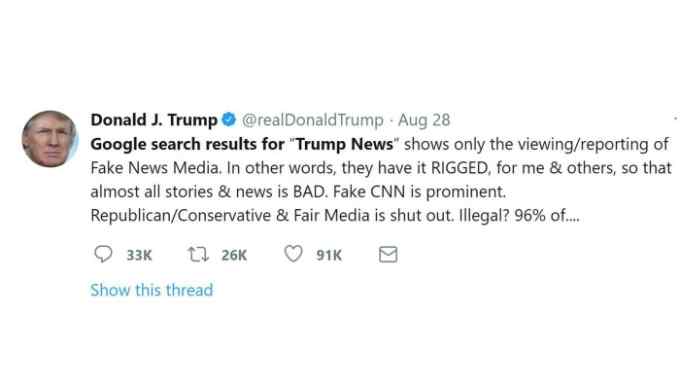 Google Fake news tweet accusation, by Donald Trump