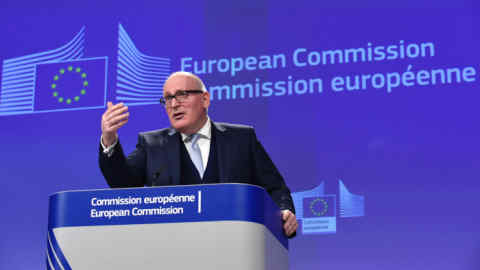 Frans Timmermans, First Vice-President of the European Commission in charge of Better Regulation, Inter-Institutional Relations, the Rule of Law and the Charter of Fundamental Rights gives a press conference after the Read-out of the college meeting at the EU Headquarters in Brussels, on February 8, 2017