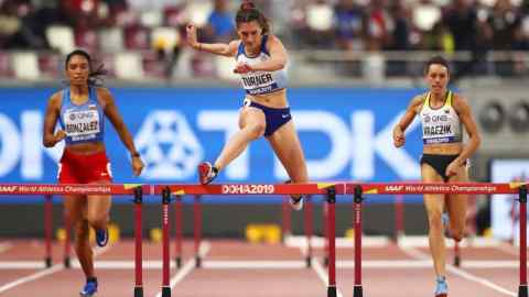 DOHA, QATAR - OCTOBER 01: Jessica Turner of Great Britain competes in the Women's 400 Metres Hurdles heats during day five of 17th IAAF World Athletics Championships Doha 2019 at Khalifa International Stadium on October 01, 2019 in Doha, Qatar. (Photo by Michael Steele/Getty Images)
