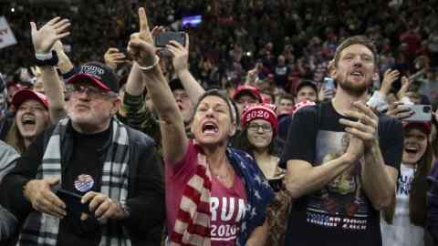Supporters of President Donald Trump cheer as he arrives for a campaign rally at UW-Milwaukee Panther Arena, Tuesday, Jan. 14, 2020, in Milwaukee. (AP Photo/ Evan Vucci)