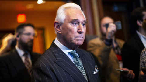 FILE: Roger Stone, former adviser to Donald Trump's presidential campaign, speaks to members of the media during the American Priority conference in Washington, D.C., U.S., on Thursday, Dec. 6, 2018. Stone, a longtime Republican strategist and sometime confidant of President Donald Trump, was arrested in Florida on Friday after being indicted in Special Counsel Robert Mueller’s probe into possible coordination between the Trump campaign and Russia before the 2016 U.S. election. Stone, 66, is facing seven counts: one count of obstruction of an official proceeding, five counts of false statements, and one count of witness tampering, according to the U.S. Justice Department. Photographer: Al Drago/Bloomberg