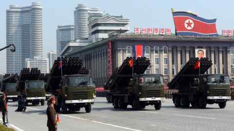 Mutliple launch rocket systems are displayed during a military parade to mark 100 years since the birth of the country's founder Kim Il-Sung in Pyongyang on April 15, 2012. The commemorations came just two days after a satellite launch timed to mark the centenary fizzled out embarrassingly when the rocket apparently exploded within minutes of blastoff and plunged into the sea. AFP PHOTO / PEDRO UGARTE (Photo credit should read PEDRO UGARTE/AFP/Getty Images)