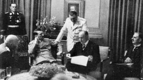 Benito Mussolini, Adolf Hitler, Hermann Goering, the interpreter Paul-Otto Schmidt and Neville Chamberlain at the Munich Conference, September 29-30, 1938, Germany, 20th century.
