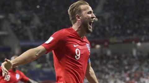 England's Harry Kane celebrates after scoring his side's second goal during the group G match between Tunisia and England at the 2018 soccer World Cup in the Volgograd Arena in Volgograd, Russia, Monday, June 18, 2018. (AP Photo/Thanassis Stavrakis)