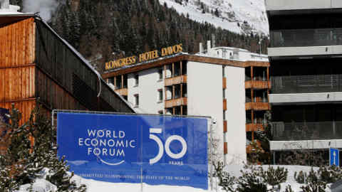 A sign is pictured at the Congress Center ahead of the World Economic Forum (WEF) annual meeting in Davos, Switzerland January 20, 2020. REUTERS/Denis Balibouse