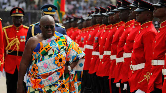 Ghana's new President Nana Akufo-Addo inspects a military parade after the swearing in ceremony at Independence Square in Accra, Ghana  January 7, 2017. REUTERS/Luc Gnago - RC1BA44FAA70