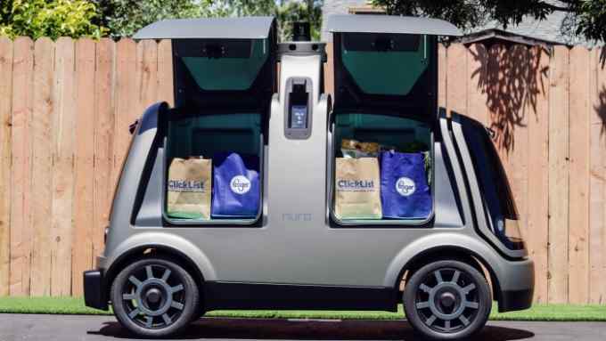 Kroger Co. and Nuro's unmanned delivery vehicle is seen in this photo provided by Kroger in California, U.S., June 28, 2018. Andrew Brown/The Kroger Co./Handout via REUTERS ATTENTION EDITORS - THIS IMAGE WAS PROVIDED BY A THIRD PARTY. MANDATORY CREDIT. NO RESALES. NO ARCHIVES.