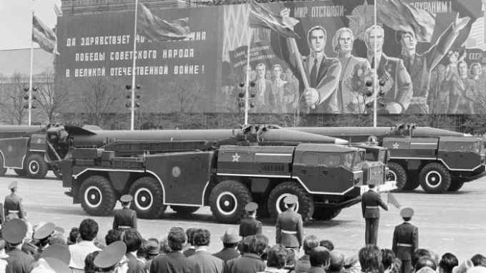A Soviet SS-21 tactical short-range nuclear missile is shown for the first time in Red Square, Moscow at the Victory Day parade May 9, 1985 in Russia. (AP Photo)