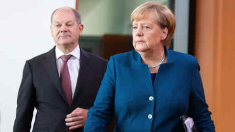 Mandatory Credit: Photo by OMER MESSINGER/EPA-EFE/REX/Shutterstock (9934753b) German Chancellor Angela Merkel (R) and Minister of Finance Olaf Scholz during the beginning of the weekly meeting of the German Federal cabinet at the Chancellery in Berlin, Germany, 17 October 2018. German cabinet meeting at the Chancellery in Berlin, Germany - 17 Oct 2018