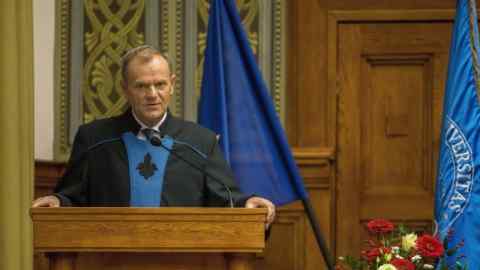 President of the Council of the European Union Donald Tusk delivers his acceptance speech after he was awarded a honorary doctoral degree of the University of Pecs in Pecs, some 200 kms south of Budapest, Hungary, Friday, Dec. 8, 2017. The University of Pecs, the oldest university in Hungary, celebrates the 650th jubilee of its foundation in 2017. (Tamas Soki/MTI via AP)