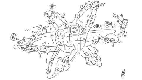 Drawing of social media icons and objects