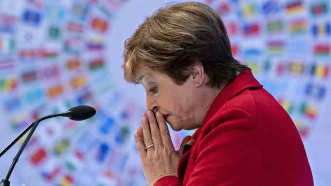 Kristalina Georgieva, managing director of the International Monetary Fund (IMF), pauses while speaking ahead of the IMF and World Bank Group Annual Meetings in Washington, D.C., U.S., on Tuesday, Oct. 8, 2019. Georgieva, in her first major address as head of the IMF, painted a downbeat picture of the world economy and said a more severe slowdown could require governments to coordinate fiscal-stimulus measures. Photographer: Andrew Harrer/Bloomberg