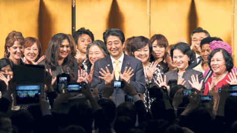 Shinzo Abe at a gathering in Tokyo for women from around the world: the Japanese prime minister has made greater inclusion of female workers a core strategy