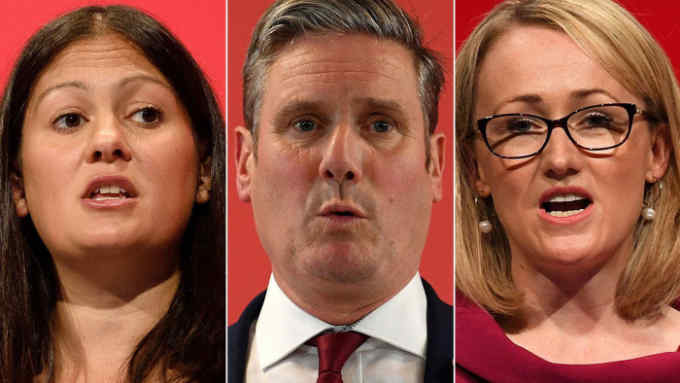 (COMBO) (FILES) This file combo created in London on February 24, 2020 shows the three Labour leadership candidates (L-R) Lisa Nandy at a conference in Brighton on September 29, 2015, Keir Starmer speaking in Harlow on November 5, 2019 and Rebecca Long-Bailey at a conference in Brighton on September 24, 2019. - Voting in the contest to replace veteran left-winger Jeremy Corbyn as Britain's main opposition Labour leader ended on Thursday, April 2, 2020 with the result set to be announced this weekend. (Photo by AFP) (Photo by DANIEL LEAL-OLIVAS,ISABEL INFANTES,LEON NEAL/AFP via Getty Images)