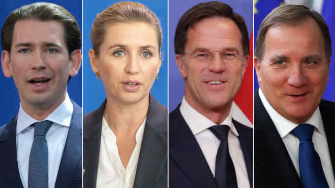 Composite of the &quot;frugal four&quot; (Sebastian Kurz, chancellor of Austria, Mette Frederiksen, prime minister of Denmark, Mark Rutte, prime minister of the Netherlands, and Stefan Lofven, prime minister of Sweden Credit: FT Montage/AFP/Getty/EPA
