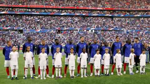 Soccer Football - International Friendly - France vs USA - Groupama Stadium, Lyon, France - June 9, 2018 France players line up during the national anthems before the match REUTERS/Emmanuel Foudrot