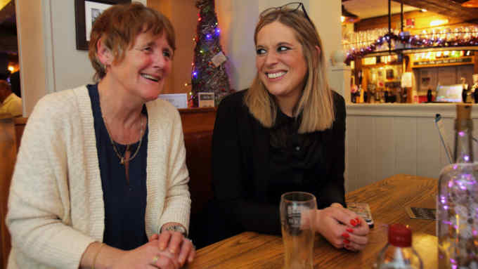 Laura Smith Labour Candidate with a friend Lesley Clayton in the Vine Inn Nantwich. November 27th 2019