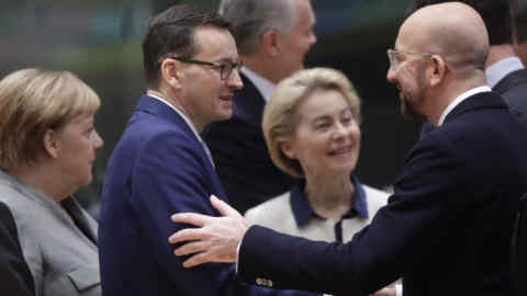 German chancellor Angela Merkel, Poland's prime minister Mateusz Morawiecki, European Commission president Ursula Von der Leyen with Charles Michel in Brussels: the European Council president's proposals have received a mixed response from central and eastern nations