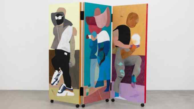 A screen of three panels with a figure on each, all wearing modern clothes and painted in large shapes without detail