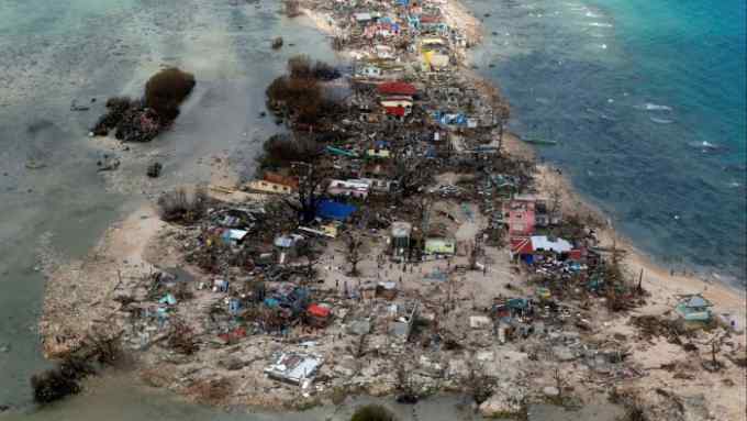 An aerial view of a coastal town devastated by super Typhoon Haiyan in Samar province, Philippines