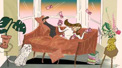 illustration of a sofa in a living room. There is a woman seemingly sinking into the cushions with a few bills of money floating around