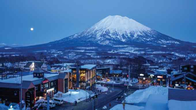The snow-capped Mount Yotei in Niseko, Japan, as viewed in the evening light