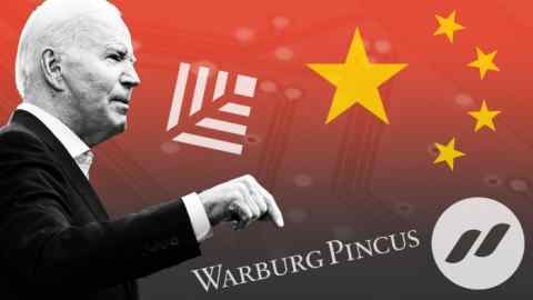 A montage of Joe Biden, the China flag and the logos of Sequoia, Warburg Pincus and General Atlantic