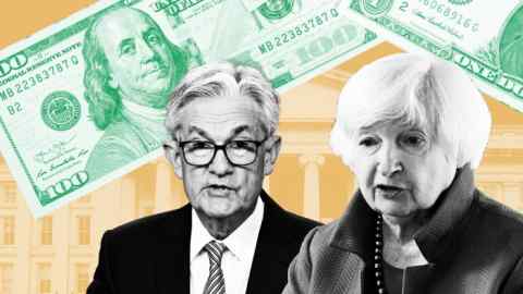 Montage of Federal Reserve chair Jay Powell, Treasury secretary Janet Yellen and US $100 dollar bills