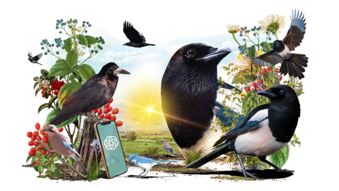 Composite illustration including magpies, a crow and a jay. Also includes a smartphone with ChatGPT logo against a sunrise backdrop