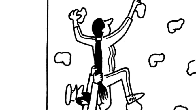 Cartoon of a morality police officer pulling the hair of a female climber