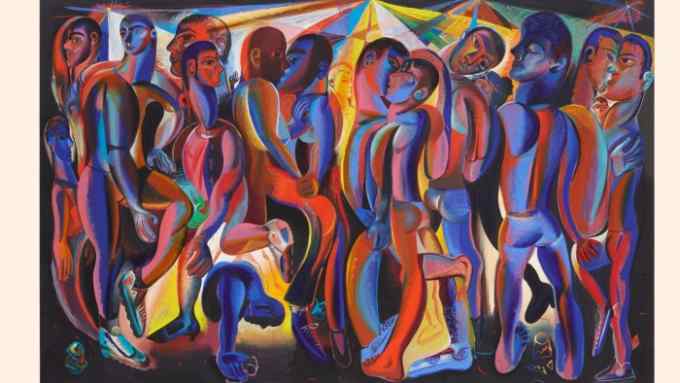 Landscape oil painting of cubist men kissing