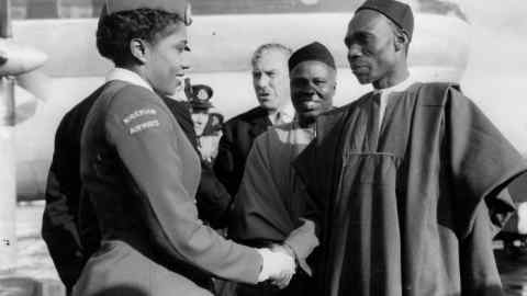 High hopes: Nigeria’s first prime minister, Abubakar Tafawa Balewa, steps off a maiden flight, 1958