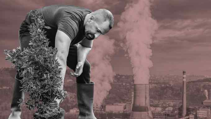 Financial Times montage showing a man planting a tree with industrial chimneys in the background