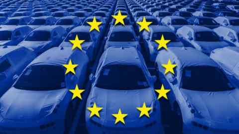 an EU flag superimposed on photograph of rows of new cars