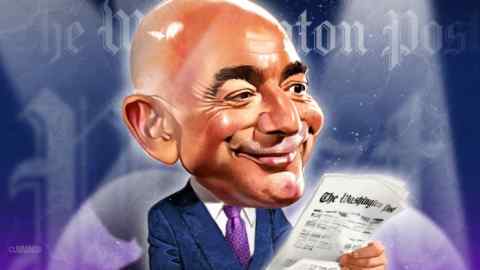 Illustration of Jeff Bezos in suit and tie holding a copy of the Washington Post