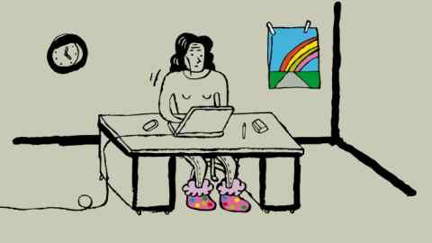 Illustration by Kenneth Anderson of a woman working at her desk at home wearing slippers