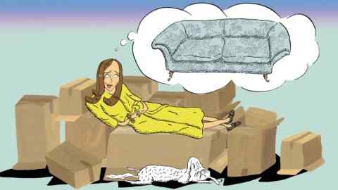 illustration of a woman reclining on cardboard boxes thinking about a sofa