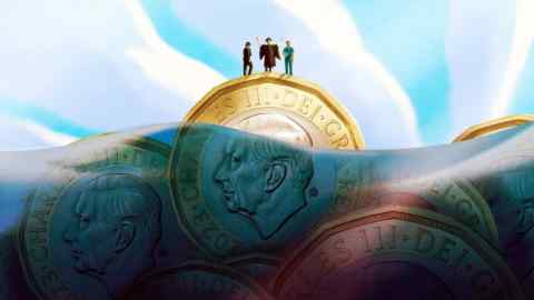Ewan White illustration of three people standing on the edge of a giant one-pound coin as it juts out of the sea, which is full of other submerged UK coins