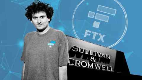 Sam Bankman-Fried and the logos of FTX and  Sullivan & Cromwell