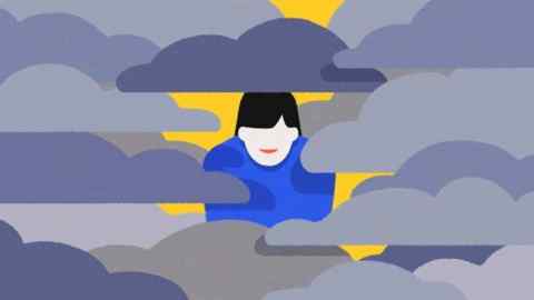 María Hergueta illustration of a woman standing amid clouds with the sun in the background