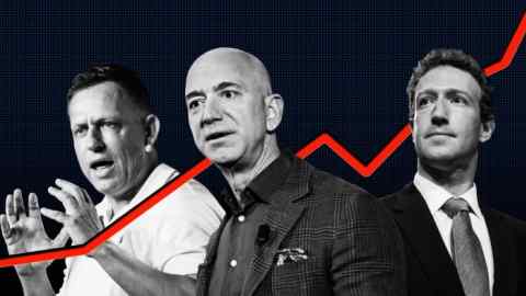 Montage of Peter Thiel, Jeff Bezos and Mark Zuckerberg