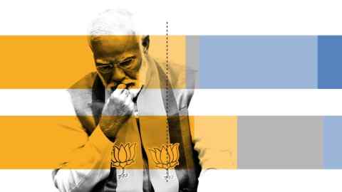 A montage featuring Modi and yellow and blue bar charts