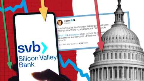 Montage of images including a cutout of the top of the Capitol building, a smartphone with the SVB app, a screenshot of a tweet warning about the bank’s collapse, and a graph line showing the bank’s decline