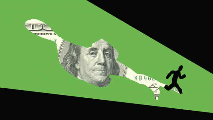 A creative illustration of a $100 bill with Benjamin Franklin’s image, torn with a silhouette of a person running through the tear, against a two-tone green background