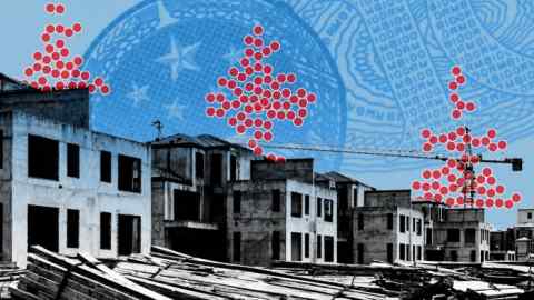 Montage of images of unfinished house development, against blue background with red dot graph of falling house prices